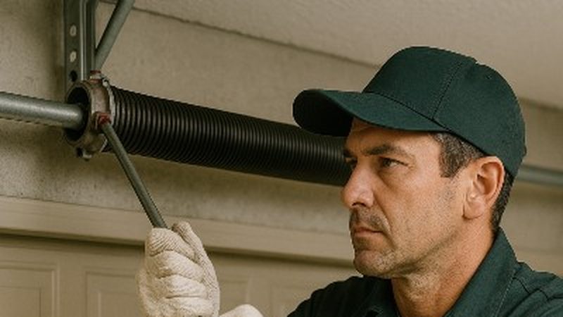 Garage door technician replacing spring — Los Angeles