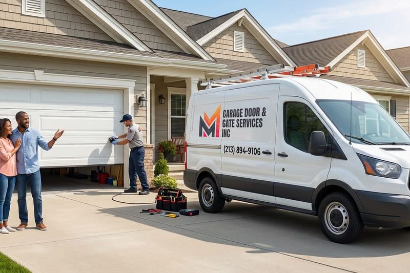 M&M Garage Door service van and technician arriving at a Los Angeles home
