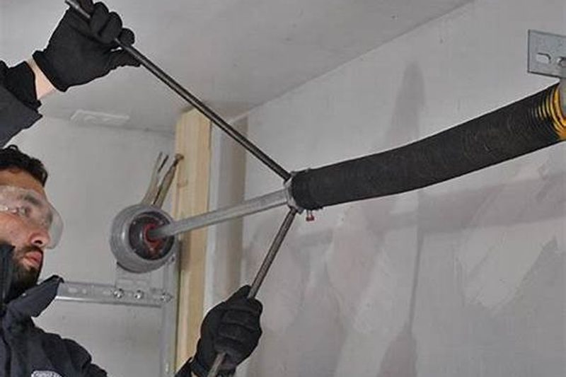 Close-up of commercial-grade torsion spring being installed by a gloved technician